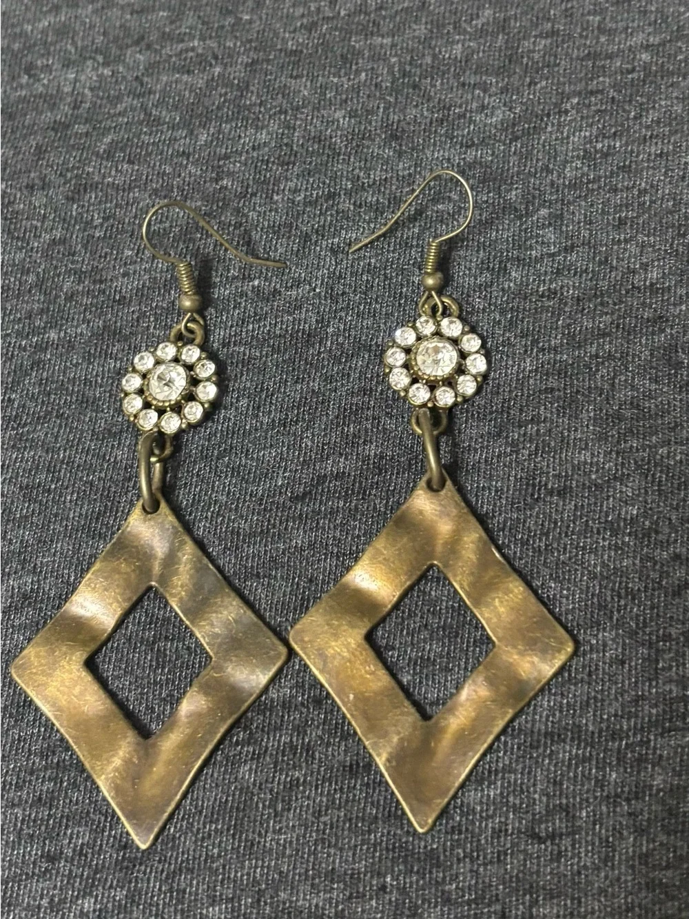 Brass Diamond Drop Earrings with Crystal Accent - Gold Tone